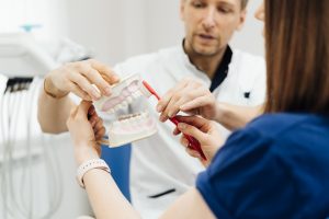dentist showing how to brush teeth
